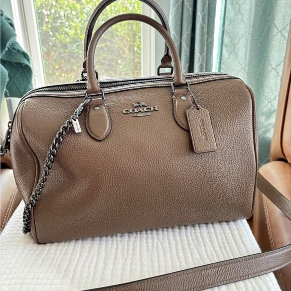 Coach Taupe Pebbled Leather Satchel with Chain Strap - Picture 2 of 3